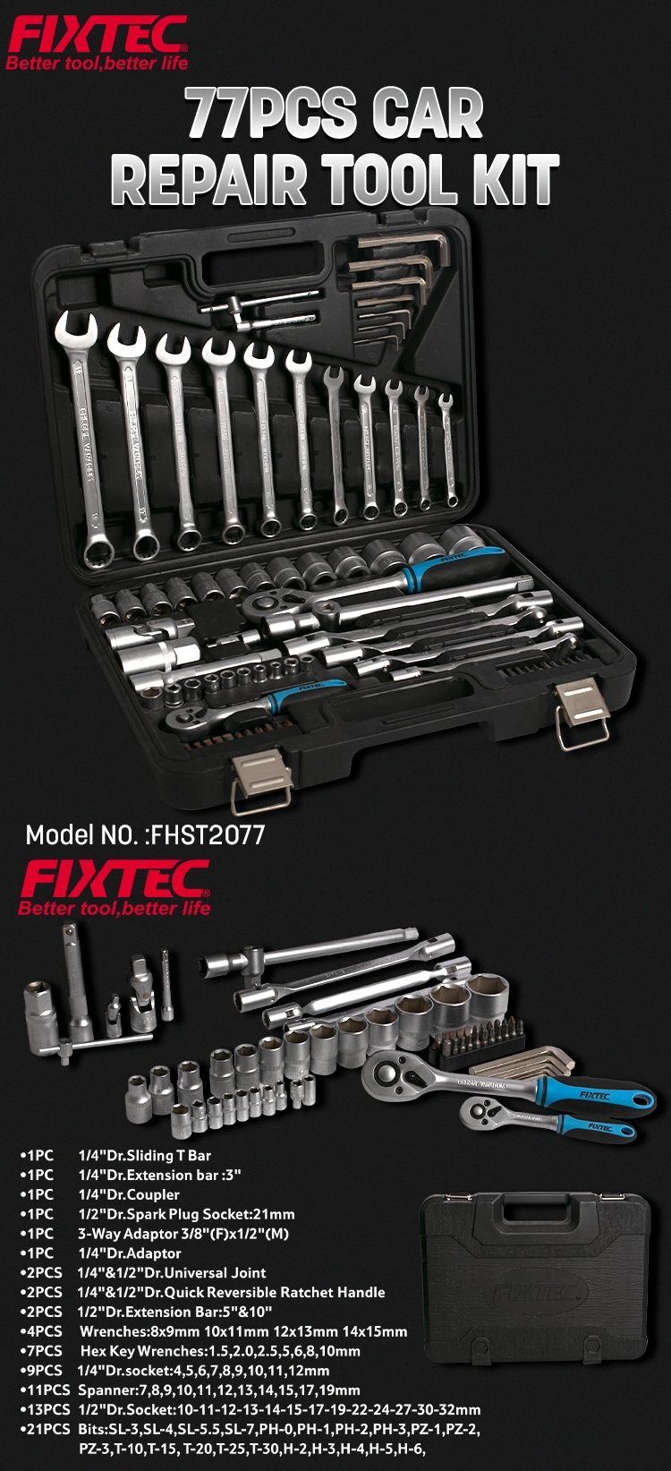 Fixtec Professional 77PCS Socket Tool Set Car Repair Hand Tool Kit Wrench and Socket Set